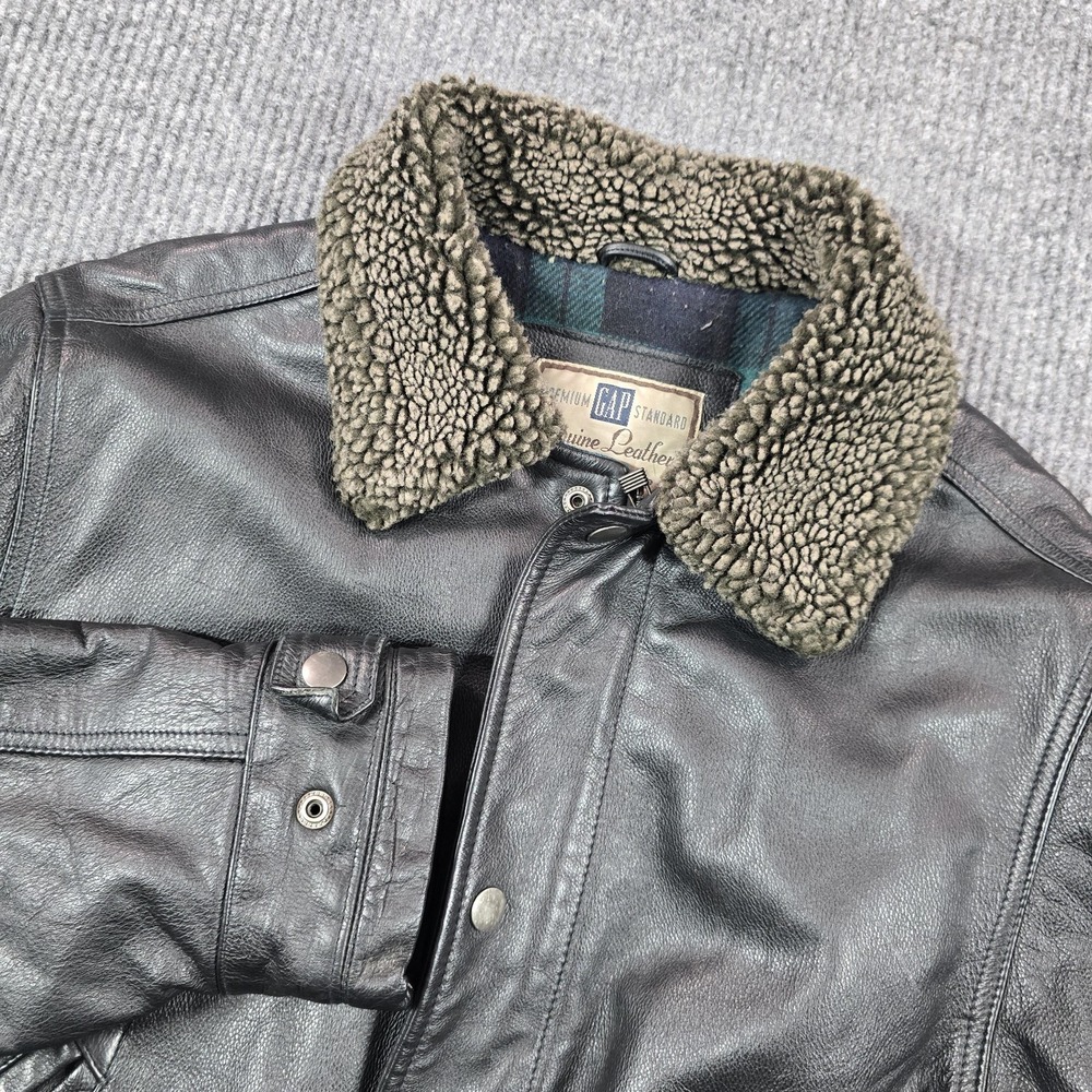 Vintage Gap Leather Jacket Mens Medium Black Lined Fur Collar Full Zip Coat‎